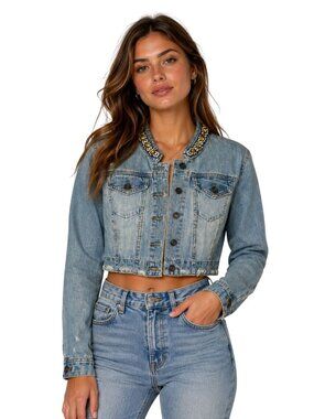 Y2K Forever 21 Cropped Denim Jacket Large Embellished Collar Distressed Light Wa